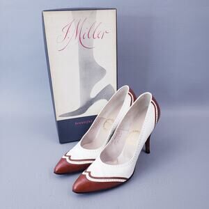 Vintage 1950s White & Brown Wingtip Style Shoe Pump Heels by I. Miller